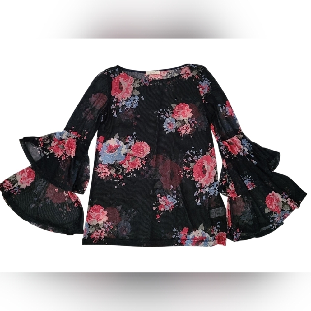 Sheer See Through Blue Floral Top Blouse Long Flare Sleeve - Picture 7 of 9